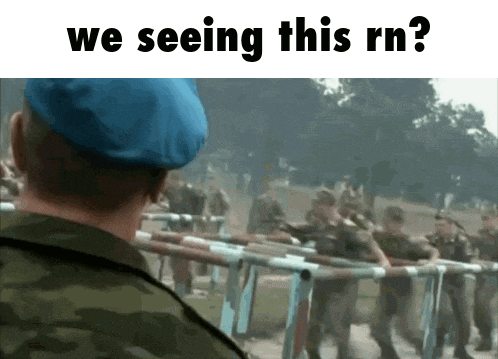 a soldier in a blue beret is looking at a group of soldiers with the words we seeing this rn written below