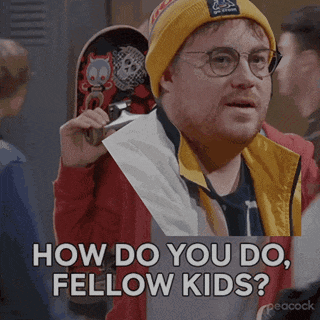 a man is holding a knife and a skateboard and says how do you do , fellow kids ?