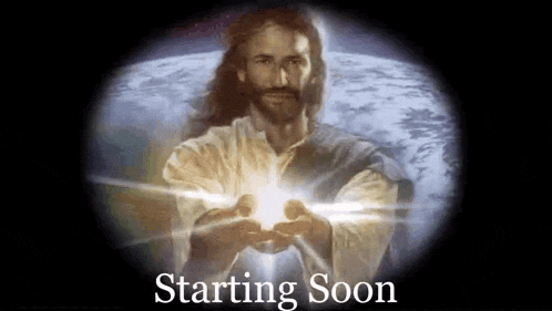a painting of jesus holding a light in his hands with the words starting soon behind him .