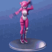 a pink teddy bear is dancing in a video game while standing on a pedestal .