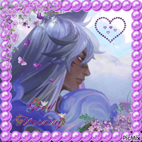a picture of a man with purple hair and a purple frame that says good morning