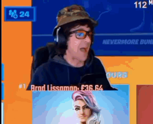 a man wearing headphones and a hat is sitting in front of a screen that says nevermore bune