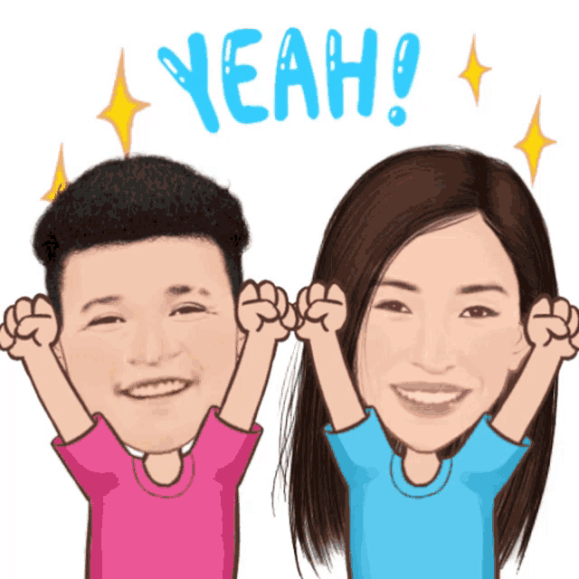 a cartoon of a man and a woman with their fist in the air and the word yeah behind them