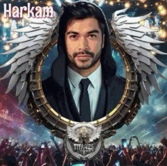 a picture of a man in a suit and tie with wings and the name harkam on the bottom