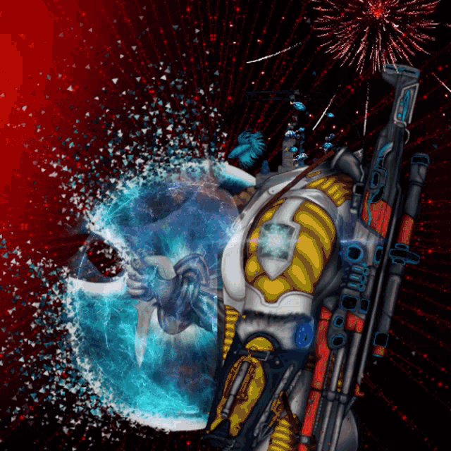 a drawing of a futuristic soldier with a fireworks display in the background