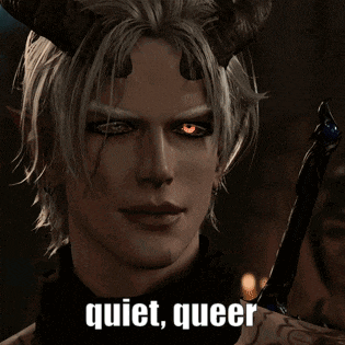 a man with horns is holding a sword and says quiet queer on the bottom