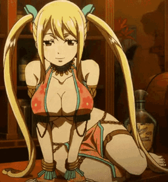 a blonde anime girl with pigtails is sitting on a table with a bottle of poison in the background