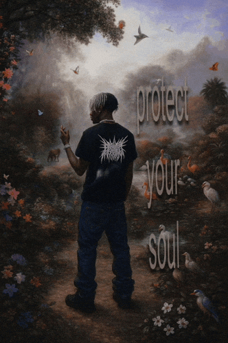 a painting of a man in a black shirt with the words protect your soul on it