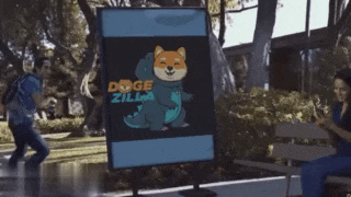 a woman sits on a bench looking at her phone next to a sign that says dogezilla