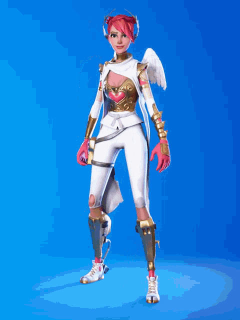 a video game character with wings and a heart on her chest is standing on a blue background
