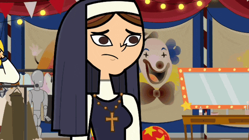 a cartoon nun with a cross on her chest stands in front of a clown