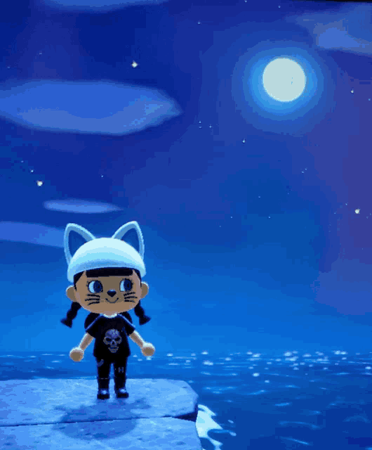 a cartoon character wearing a cat hat and skull shirt
