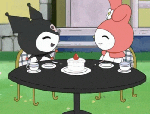 two cartoon characters are sitting at a table with a cake