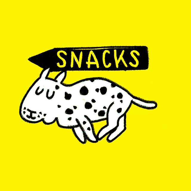 a dalmatian dog is running under a sign that reads snacks