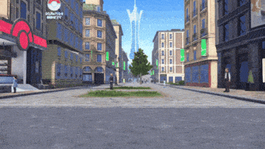 a city street with a building that says pokeball on it