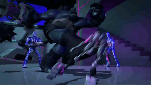 a cartoon character is fighting a monster with a purple lightning bolt coming out of his mouth .