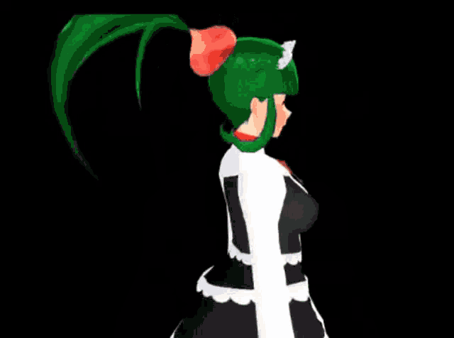a maid with green hair and a red bow on her chest