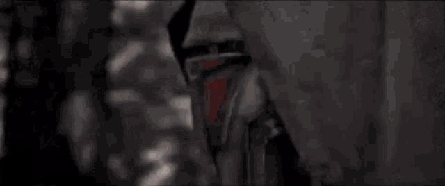 a person is holding a red light saber in a dark forest .