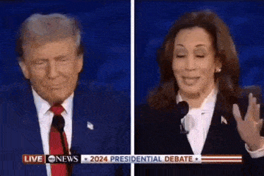 donald trump and kamala harris are standing next to each other in front of microphones during a presidential debate .
