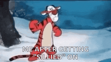 tigger from winnie the pooh is standing in the snow and says `` me after getting silly on '' .