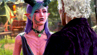a man and a woman are standing next to each other in a video game . the woman has horns on her face .