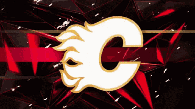 a white letter c with flames on a red background