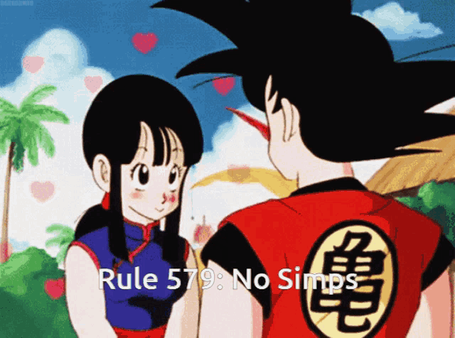 a cartoon of a man and a woman with the words rule 579 no simps on the bottom