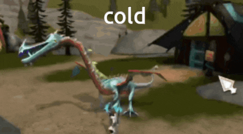 a video game scene with a dragon and the word cold in white letters