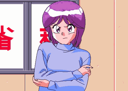 a pixel art illustration of a girl with purple hair