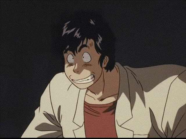 a man in a white jacket and red shirt is making a funny face .