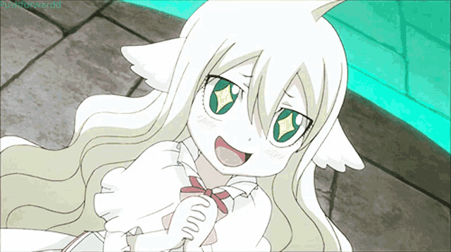 a cartoon girl with white hair and big green eyes