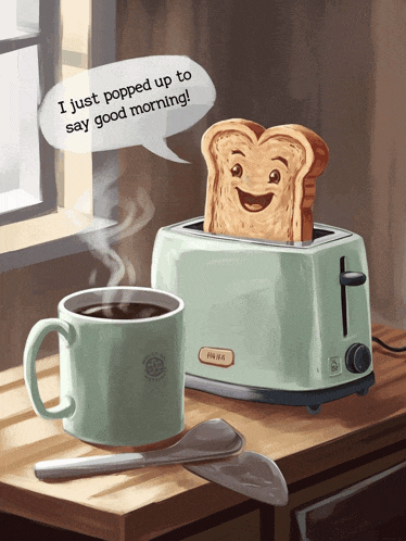 a drawing of a toaster that says i just popped up to say good morning on it