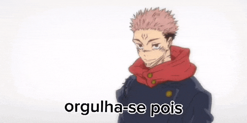 a man in a red hoodie is standing in front of a white background with the words orgulha-se pois written on it .