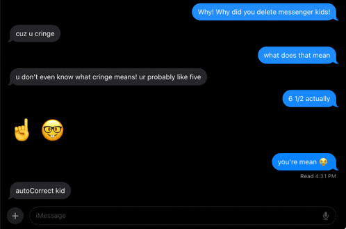 a screenshot of a text conversation between a person named autocorrect kid and a person named cuz u cringe