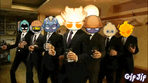 a group of men in suits with cartoon characters on their faces holding glasses of beer