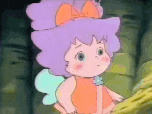 a little girl with a purple hair and a bow on her head
