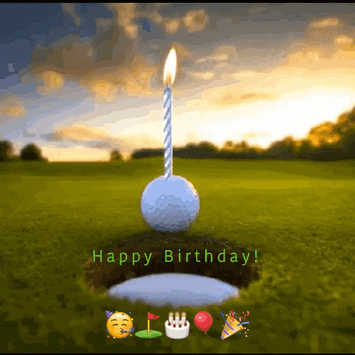 a birthday card with a golf ball with a candle on it and the words happy birthday