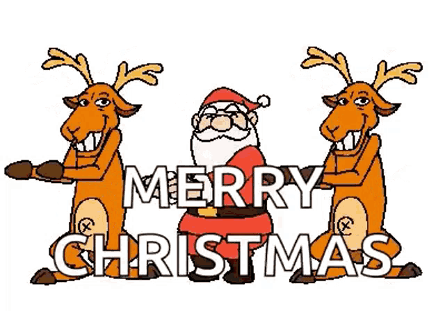 a cartoon of santa claus and two reindeer standing next to each other and the words `` merry christmas '' .