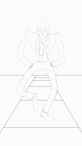 a black and white drawing of a man in a suit and tie standing on one leg