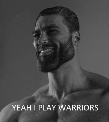 a shirtless man with a beard is smiling with the words yeah i play warriors below him