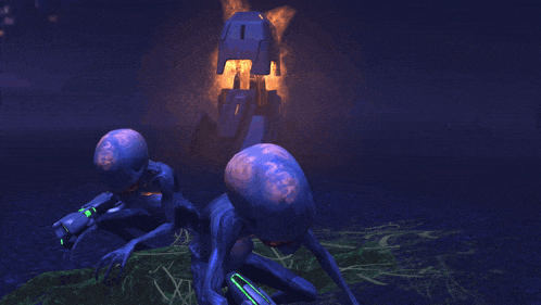 a computer generated image of two aliens looking at a building