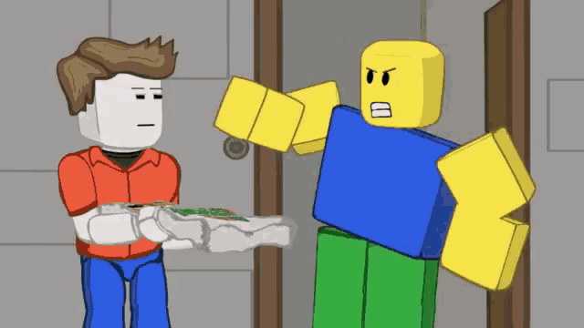 two roblox characters are standing next to each other and one of them is holding a pizza