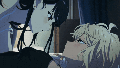 two anime girls are looking at each other and one has a hand on the other 's neck