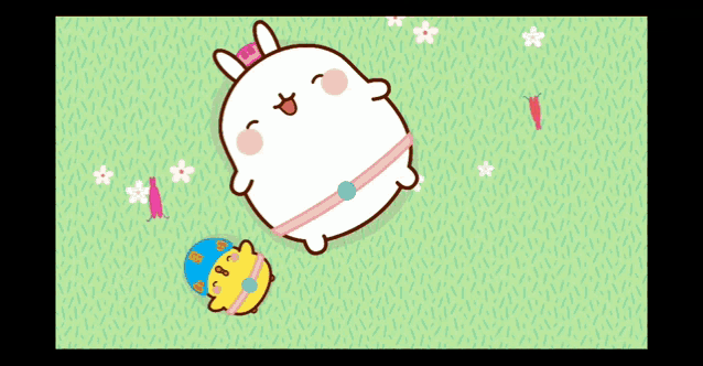 a cartoon drawing of a bunny laying on the grass with flowers in the background