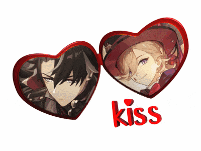 a couple of hearts with the word kiss in the middle