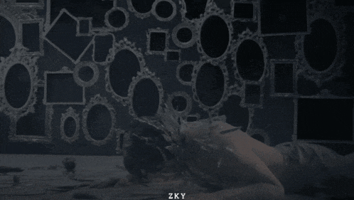 a man is kneeling in front of a wall of mirrors and the word zky is on the bottom