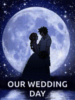 a couple standing in front of a full moon with the words our wedding day below them