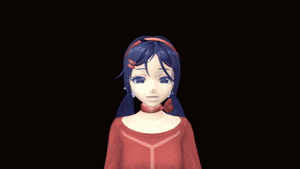 a girl with blue hair is wearing a red sweater and has her hands in the air