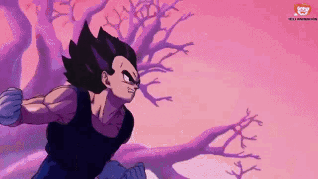a cartoon character from dragon ball z is running in front of a pink background .