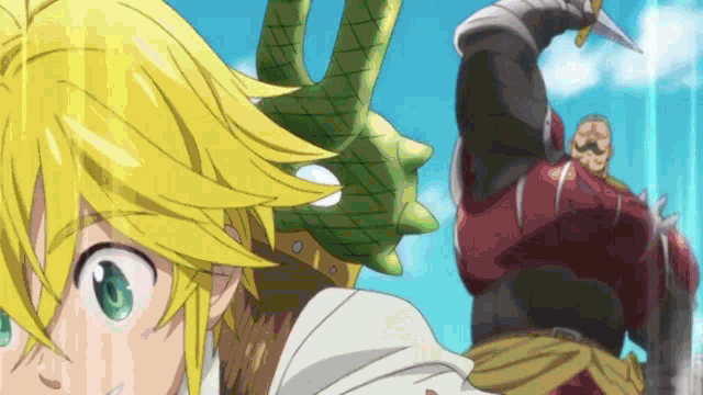 a man with a mustache is holding a sword while another man stands behind him .
